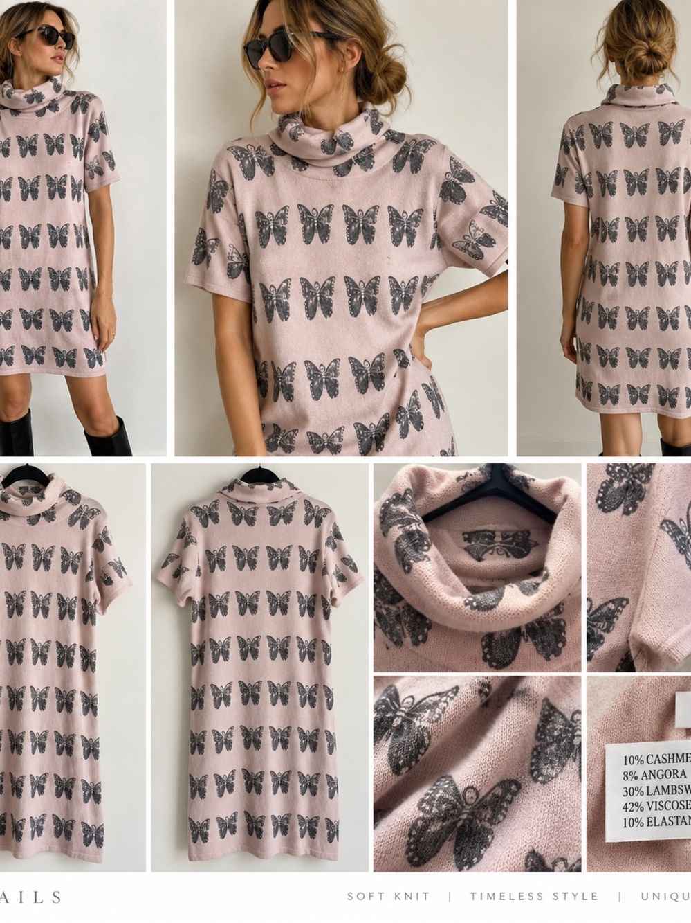 Sempre Pink Butterfly Turtleneck Knit Dress / Cashmere Wool Blend Mini Dress